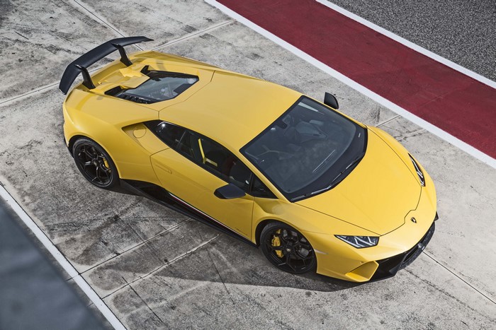 Yellow 2017 Lamborghini Huracan Performante from above