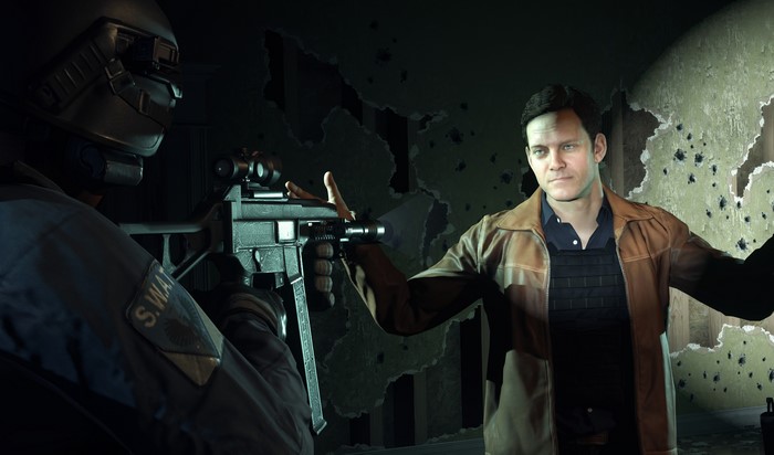 Battlefield Hardline: Two men, one with SWAT gear and assault rifle