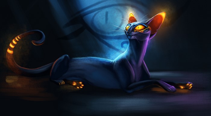 Painting of a magical black cat with glowing eyes