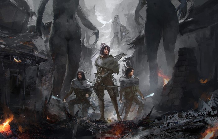 Warriors with swords and bows in a ruined city with giants