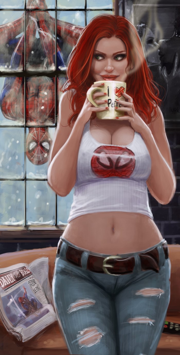 Mary Jane Watson holding a mug, Spiderman merchandise