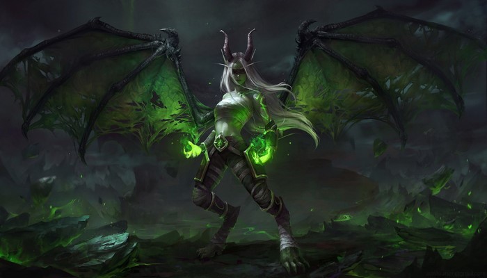 Demoness with green energy and wings