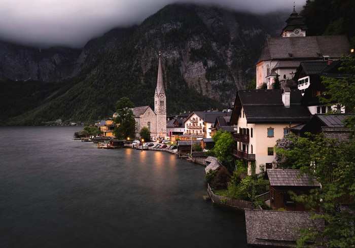 Hallstatt village on a lake in Austria at dusk