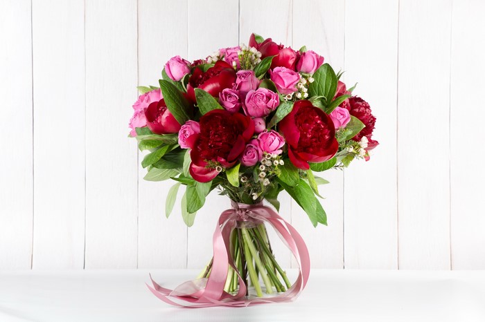 Bouquet of Roses and Peonies with Ribbon