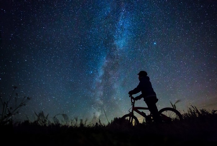 Silhouette of a person with a bicycle under the Milky Way