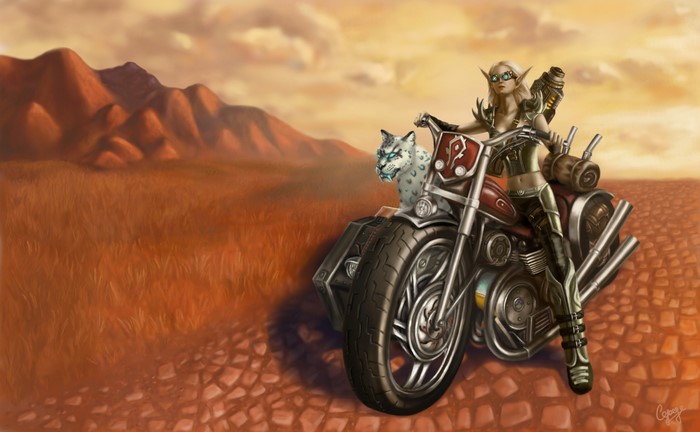 Elf Hunter Engineer on a motorcycle with a snow leopard from World of WarCraft