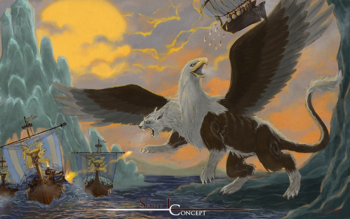 Mythical creature attacking ships near mountains