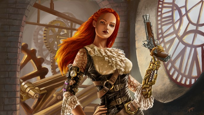 Steampunk redhead cyborg girl with pistol