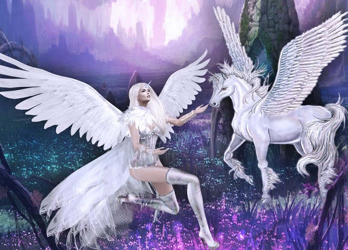 Angel with wings and a Pegasus in a fantasy landscape