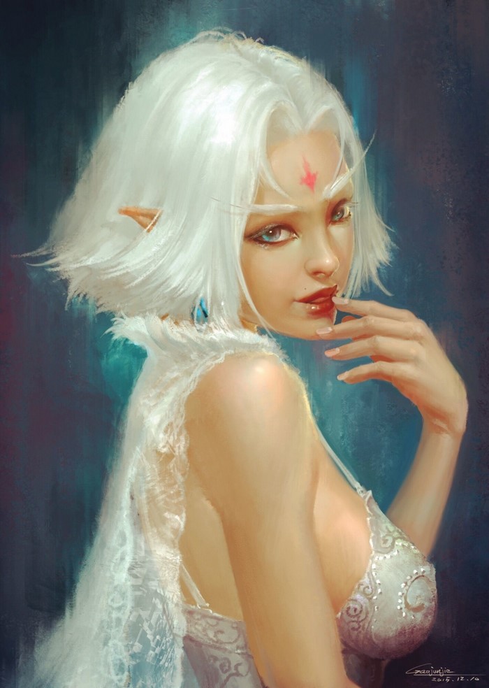 Elf girl with white hair and red forehead gem