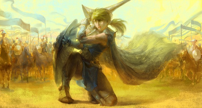 Warrior with sword and shield in front of army