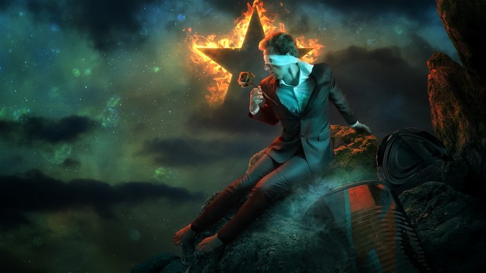 Man with eye patch smelling rose in front of burning star