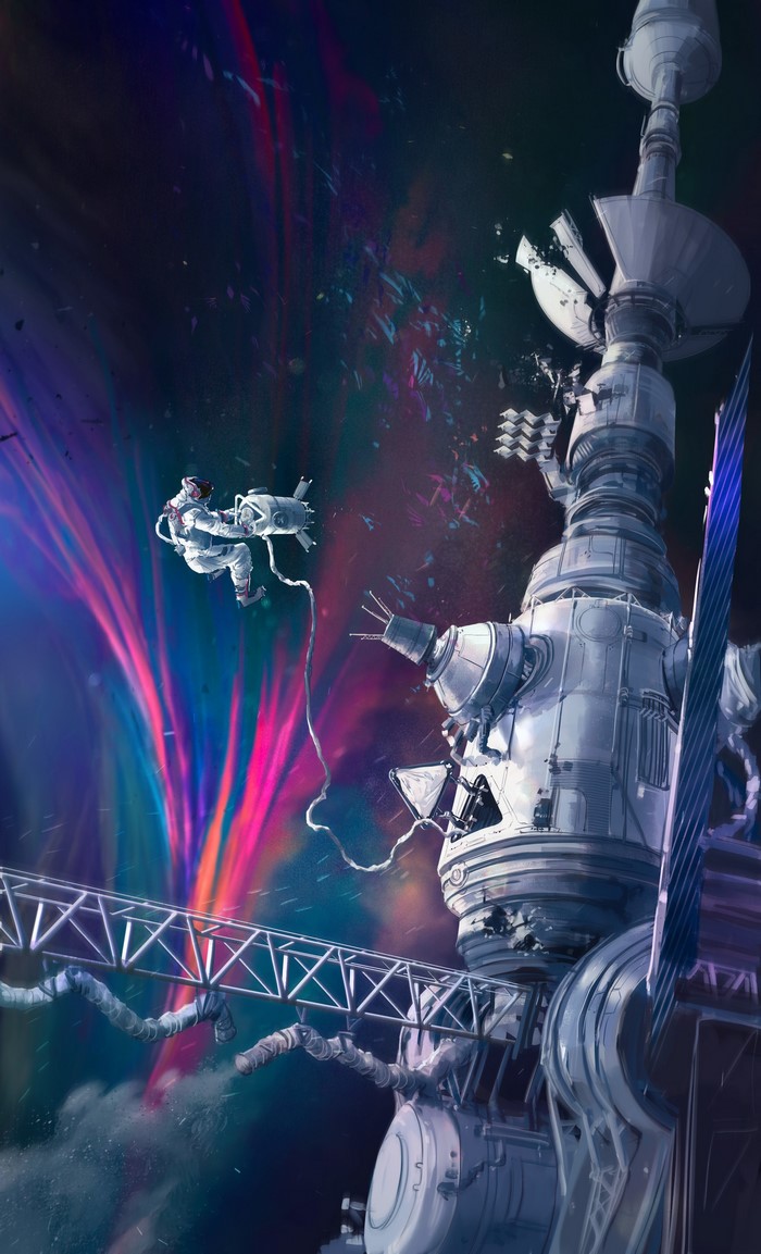 Astronauts and orbital station in space with colorful nebula
