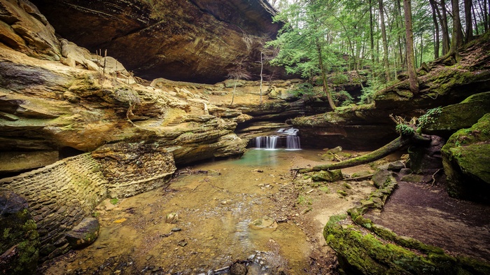 Waterfall cascading into a pool in a rocky gorge