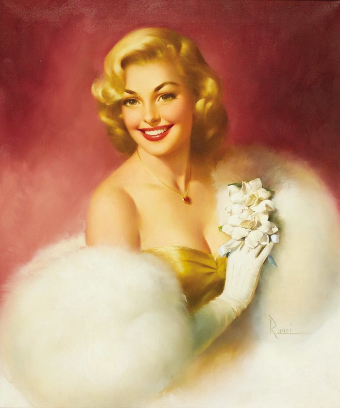 Blonde woman in fur stole holding flowers