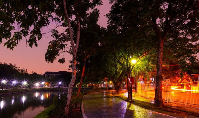 Park pathway by river at night with street lights