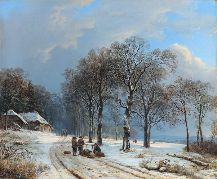 Winter Landscape with Figures and Cottages by Barend Cornelis Koekkoek