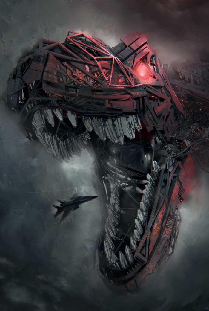 Mechanical Tyrannosaurus Rex with Fighter Jet