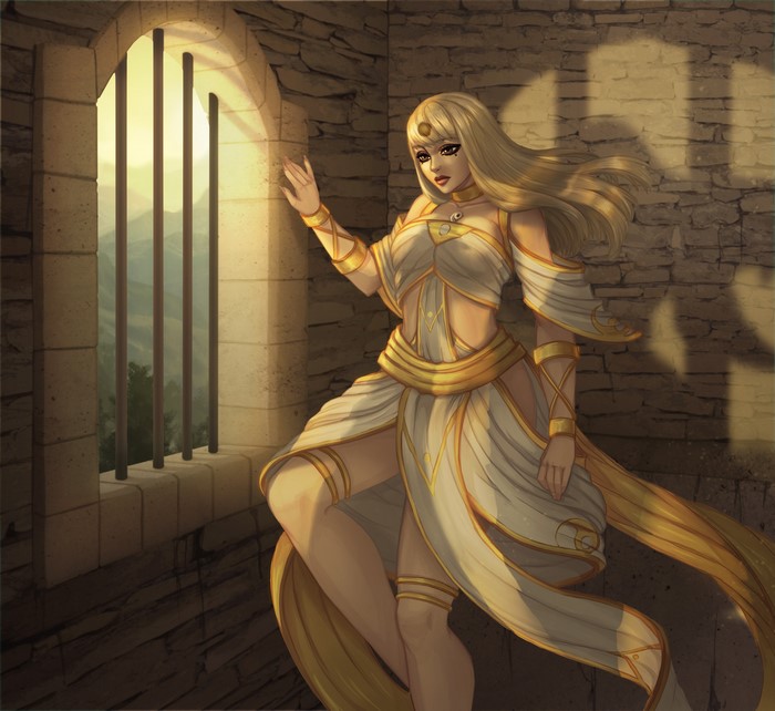 Blonde girl in a white and gold dress by a window