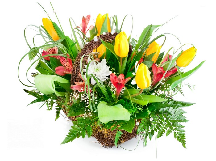 Bouquet of Tulips and Alstroemeria in a Basket