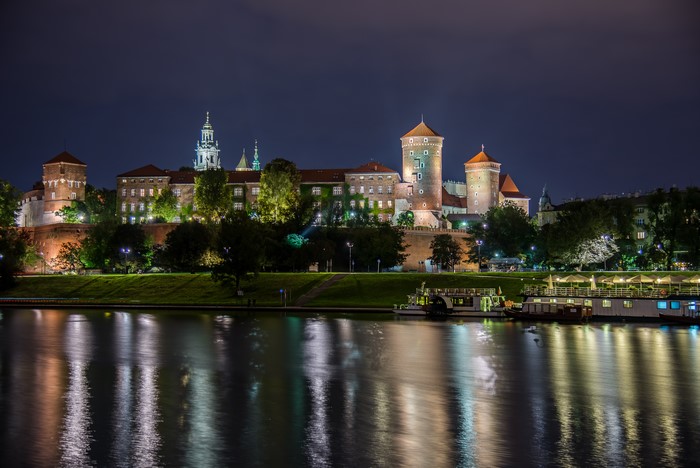 Wawel Castle and Vistula River at Night, Krakow, Poland