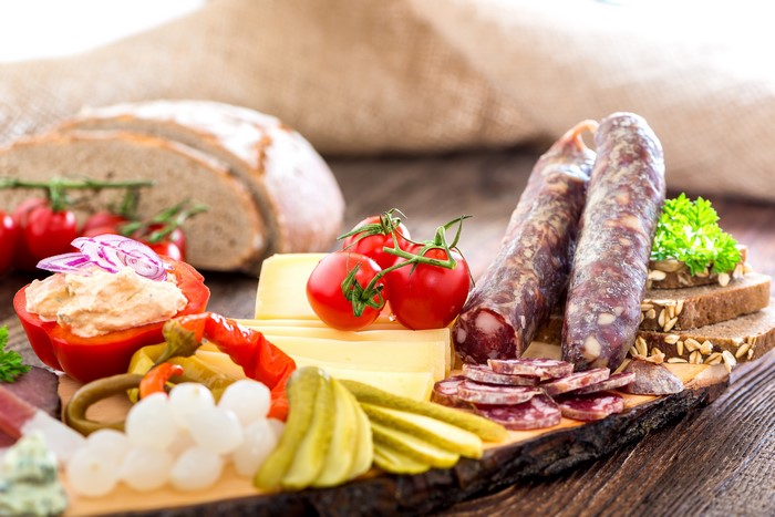 Sausage, Cheese, Tomatoes, and Bread Platter