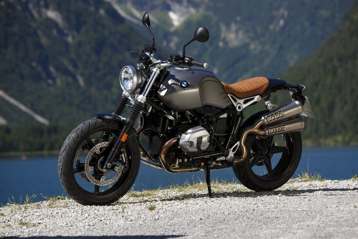 BMW R nineT Scrambler motorcycle by a lake