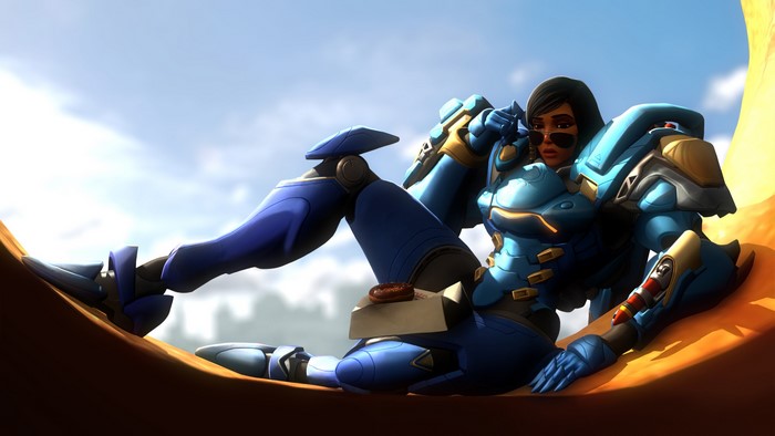 Pharah from Overwatch relaxing with a donut