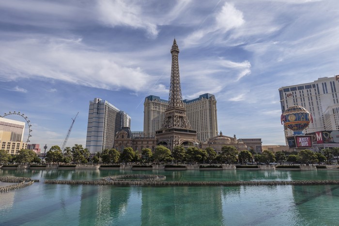 4K Las Vegas Eiffel Tower with Water and Sky