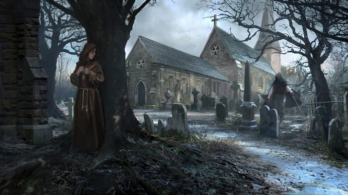 Monk and hooded figure in a gothic cemetery