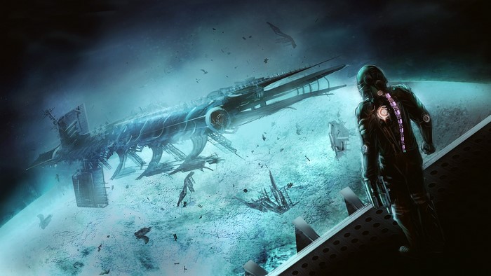 Isaac Clarke from Dead Space near a damaged spaceship