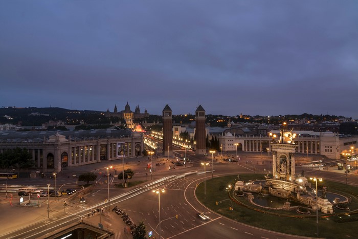 Barcelona Plaza Espanya at dusk with Montjuic Palace
