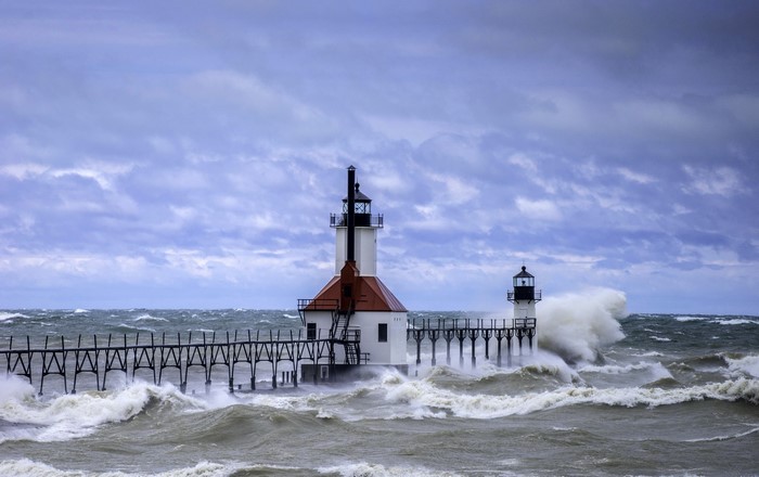 Saint Joseph Lighthouse during a storm with large waves