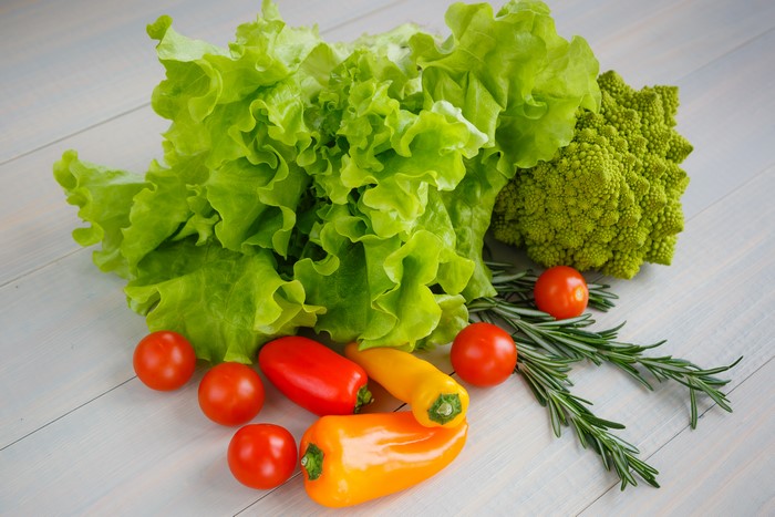 Vegetables: Lettuce, Romanesco, Tomatoes, Bell Peppers, Rosemary