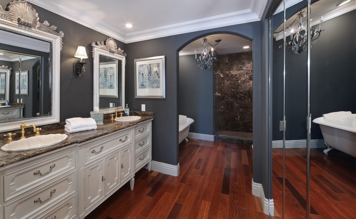 Luxury bathroom with double vanity and freestanding tub