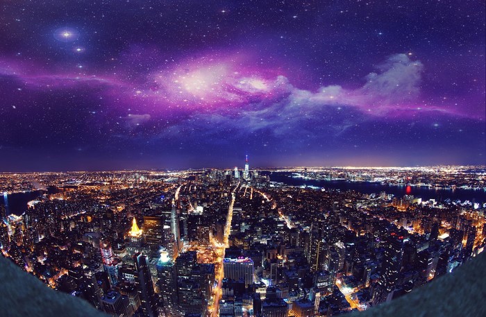 New York City Skyline Under a Galaxy Sky
