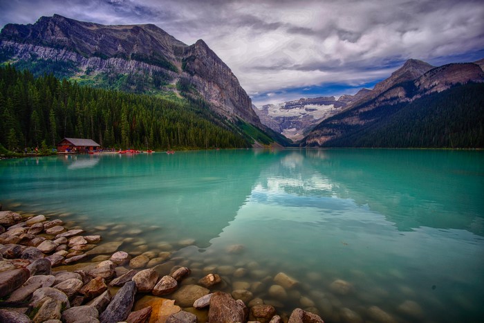 Lake Louise Alberta Canada Mountains Forest Stones Scenery