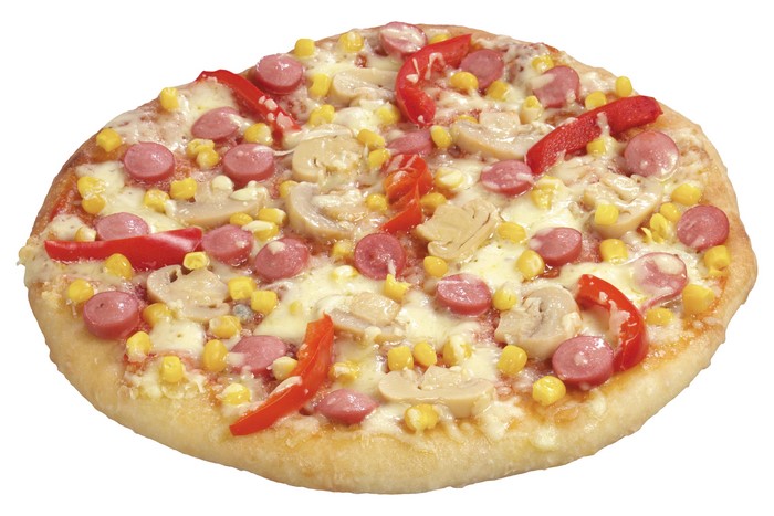 Pizza with sausages, corn, mushrooms, and red pepper