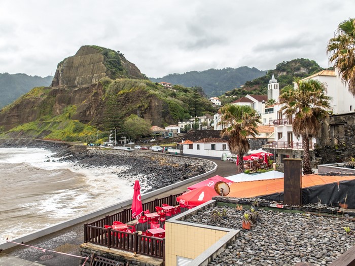 Porto da Cruz, Madeira, Portugal Coastline with Village and Crag