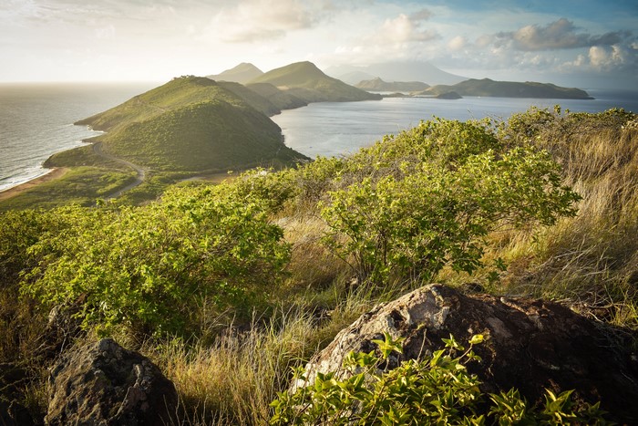 Scenic view of Saint Kitts and Nevis coast with rolling hills