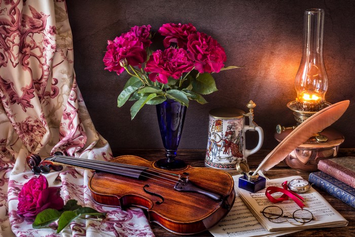 Still-life with Violin, Roses, and Kerosene Lamp