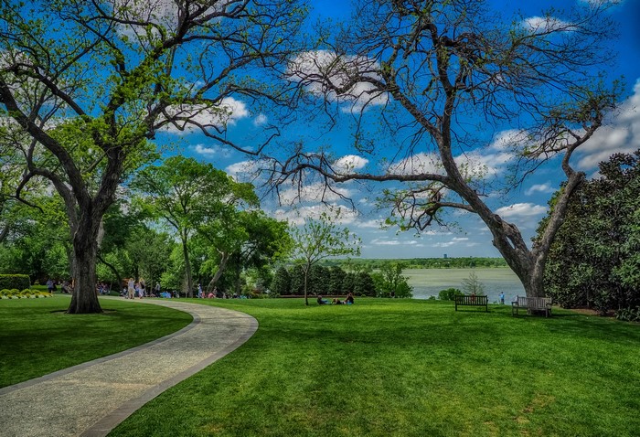 Park with a winding path and trees in Dallas, Texas