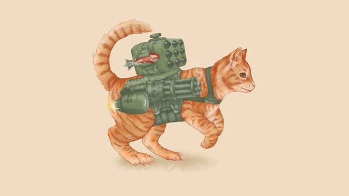 Orange tabby cat with a missile launcher and Gatling gun