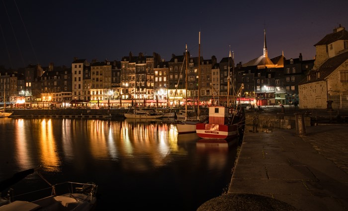 Night view of Saint Etienne Honfleur marina, France