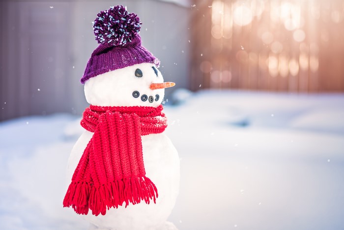 Snowman with purple hat and red scarf