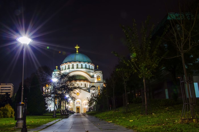 Temple of Saint Sava at night in Belgrade, Serbia