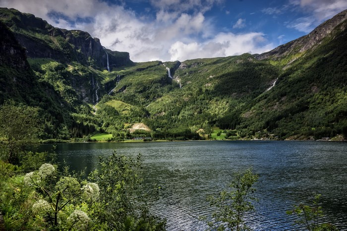 Lake and Waterfalls in Mountains of Sogn og Fjordane, Norway