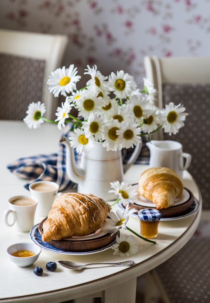Still-life with Camomiles, Croissants, Coffee, and Honey