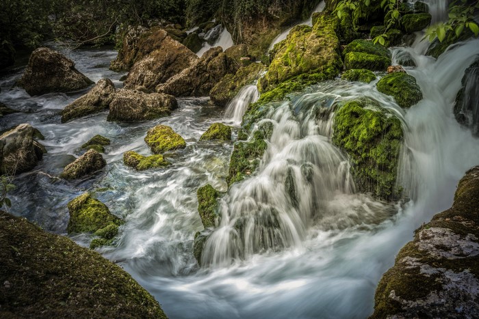 Waterfalls and mossy rocks in Provence, France