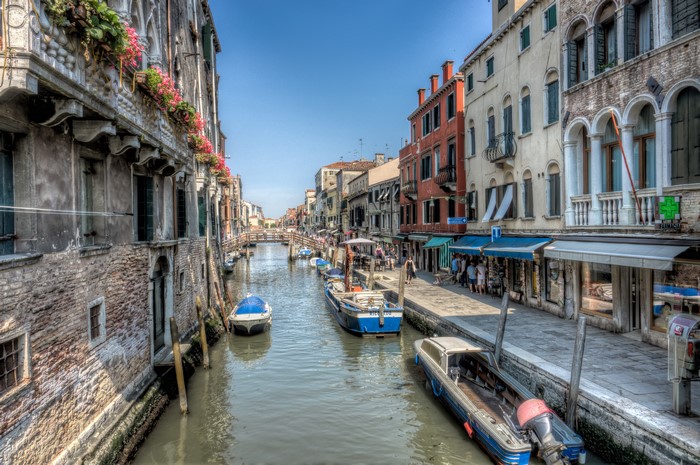 Venice Canal with Boats and Buildings, Italy